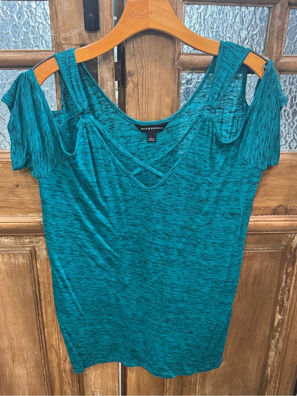 Rock & Republic Teal Cold-Shoulder V-Neck Top with Crisscross Detail
